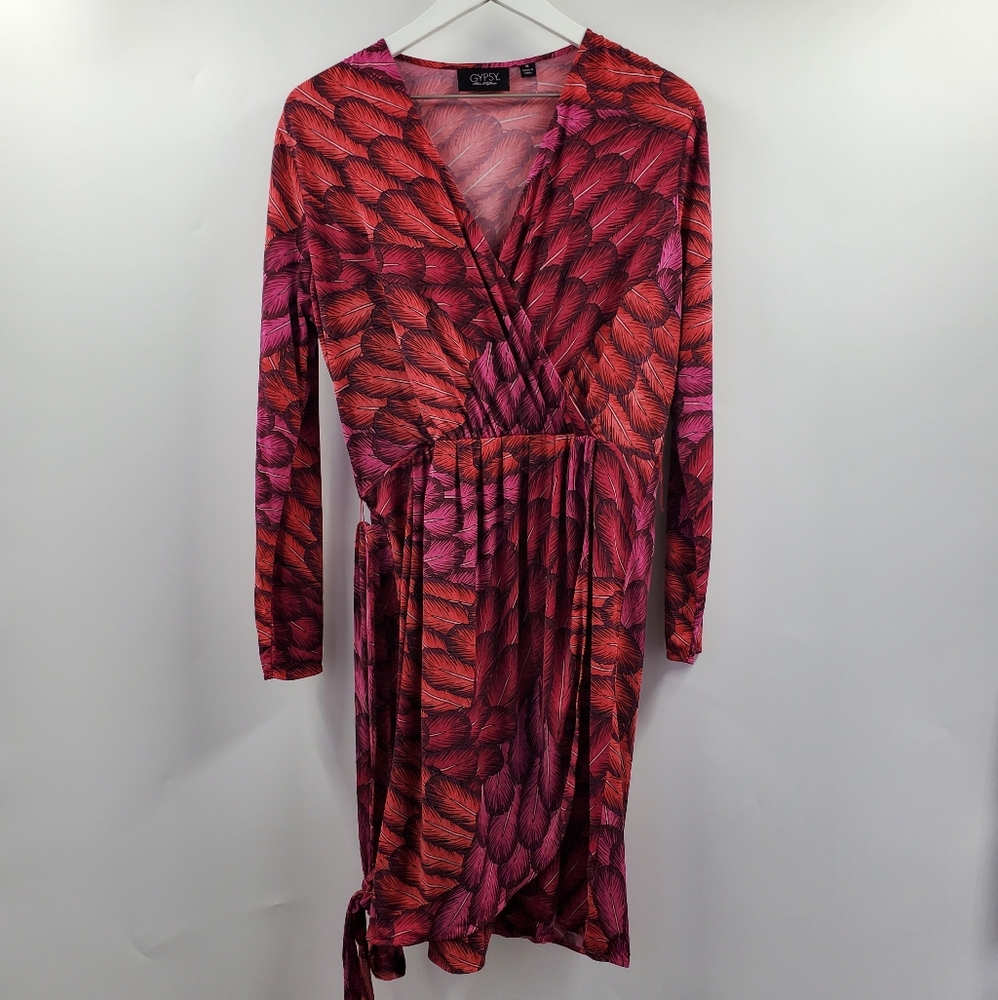 Gypsy Mara Hoffman Feather Printed Faux Wrap Dress V-Neck Long Sleeves Red